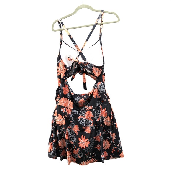 Zaful Floral Cut-Out Swim Dress Women 2X (16-18) Black Orange Floral Tie Back - Picture 2 of 10